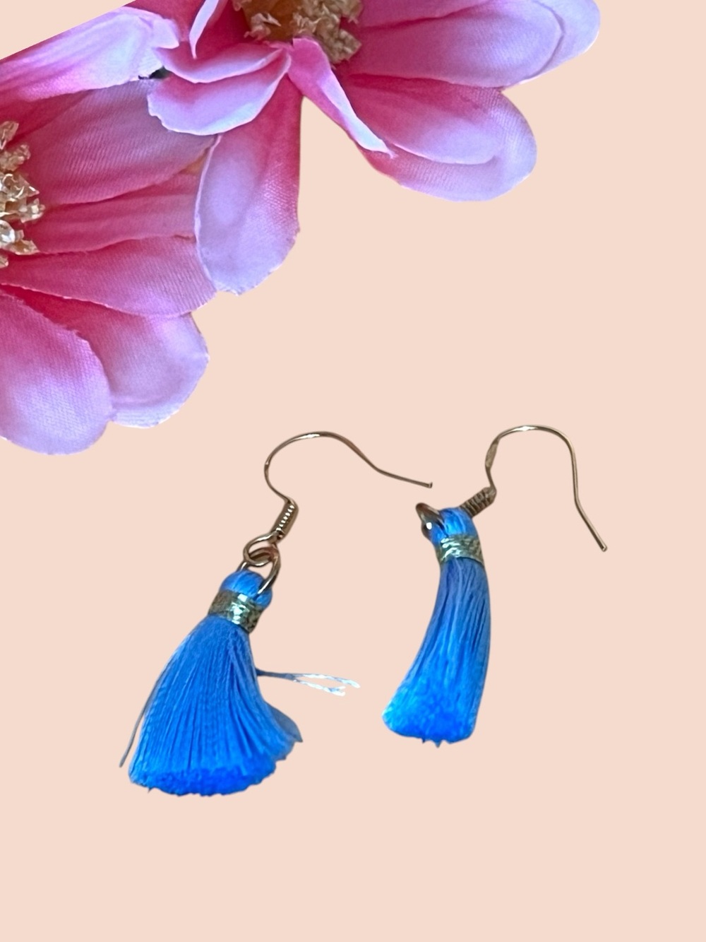 Blue Tassel Earrings  gold over silver, stamped .925